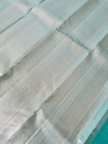 ShopNaya Exclusive | Metallic Kanchipuram Pure Silk Saree | Pastel Cyan Blue | Pure Silver Zari | Handwoven | Ships from California